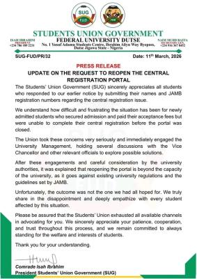 FUDutse SUG notice to newly admitted students unable to complete registration