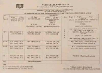 YSU lecture timetable for 200L and 300L MBBS 2022/2023
