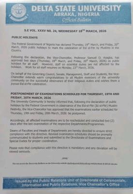 DELSU postpones examinations over Sallah Break
