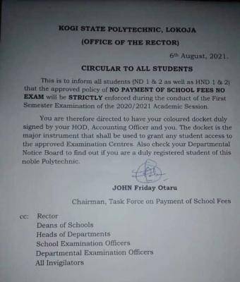 Kogi State Polytechnic notice to students on no school fees no exam policy