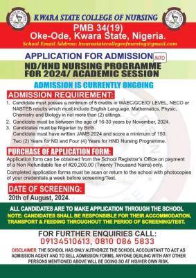 Kwara College of Nursing Sciences Oke-Ode ND/HND Nursing form, 2024/2025