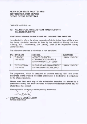 Akwa Poly notice to NDI and HNDI students on Library orientation exercise