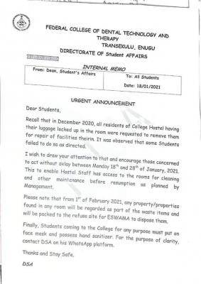 Federal College of Dental Technology and Therapy notice to students residing in hostels