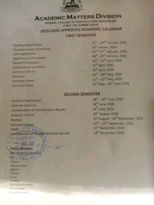 Federal College of Horticulture Dadin-Kowa Academic Calendar, 2025/2026