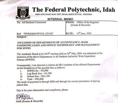 Fed Poly Idah inclusion of departments of accountancy, mass communication & office management for SIWES
