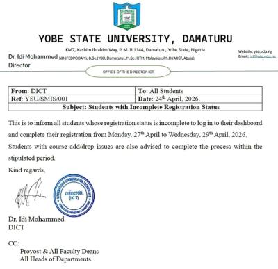 YSU notice to students with Incomplete Registration Status
