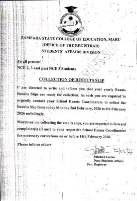 Zamfara State College of Education notice on collection of NCE result slips