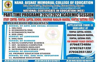 Nana Aishat Memorial College of Education Part-time Admission, 2021/2022 session