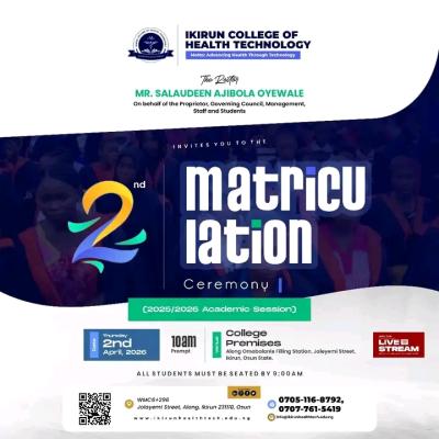 Ikirun College of Health Technology Set to Hold 2nd Matriculation Ceremony