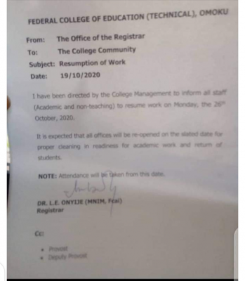 FCE Omoku notice to staff on resumption of academic activities