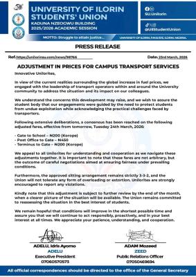 UNILORIN Students' Union announces adjusted transport fares
