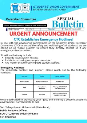 BUK Students' Union launches emergency hotlines for students