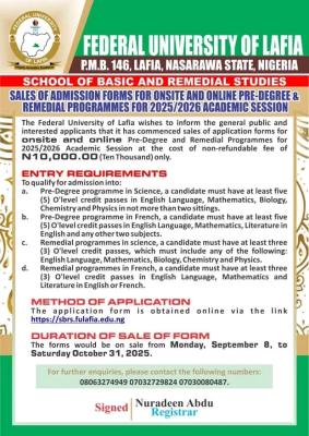 FULAFIA releases pre-degree/Remedial admission form, 2025/2026