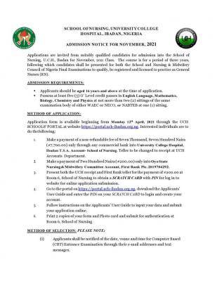 UCH, Ibadan School of Nursing admission form, 2021
