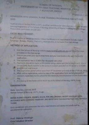 School of Nursing, University of Nigeria Teaching Hospital admission form, 2022/2023