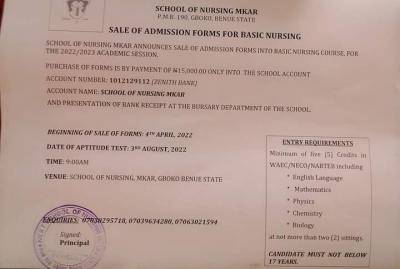 School of Nursing Mkar Basic Nursing Admission, 2022/2023