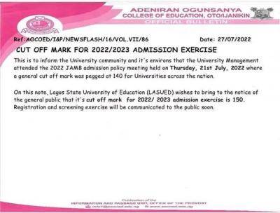 Adeniran Ogunsanya COE cut-off mark for 2022/2023 admission