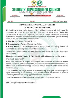 Sa’adu Zungur University SRC notice to students on safety awareness