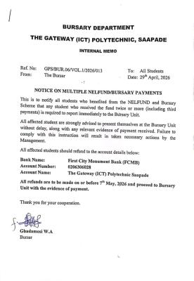 Gateway ICT Polytechnic, Saapade notice on multiple NELFUND payments to beneficiaries