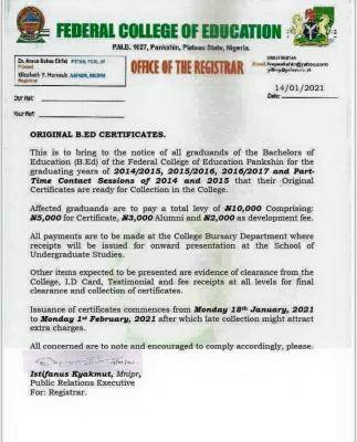 FCE pankshin notice on collection of certificates