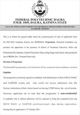 Federal Polytechnic Daura Remedial Admission 2021/2022