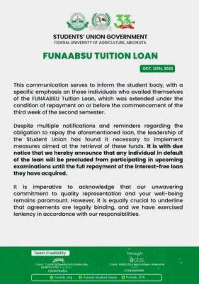 FUNAAB SUG notice to students who took FUNAABSU tuition loan