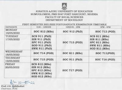 IAUE Postgraduate first semester exam time table, 2021/2022