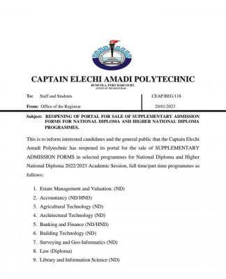 Elechi Amadi Polytechnic Supplementary Admission, 2022/2023
