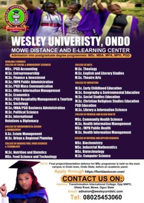 Wesley University, Ondo Distance and E-Learning Center Postgraduate Admission