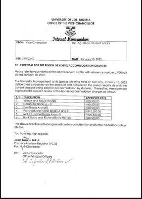 UNIJOS notice on review of hostel accommodation charges