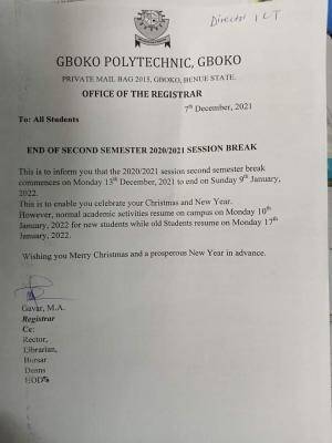 Gboko Polytechnic notice on 2nd semester break, 2020/2021 session