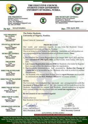 UNN SUG notice to students on course registration