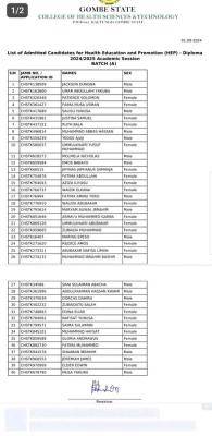 Gombe State College of Health Sciences & Tech. Batch A admission list, 2024/2025