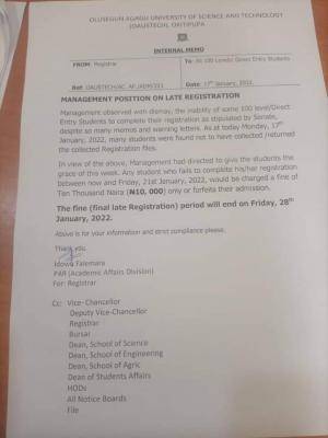OAUSTECH notice to new students on late registration