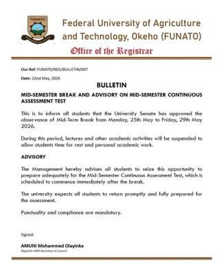 FUNATO announces Mid-Semester Break, Advises Students on Continuous Assessment Test