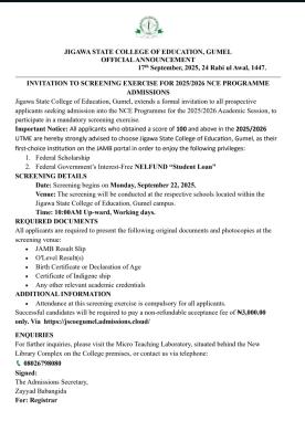 Jigawa State COE announces screening exercise for NCE programme, 2025/2026