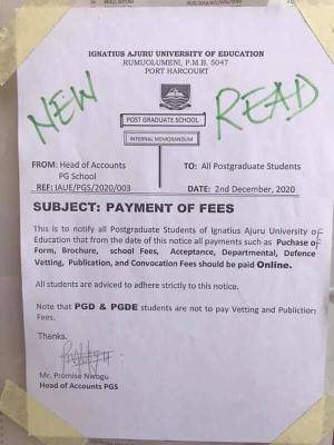 IAUE notice to postgraduate students on payment of fees