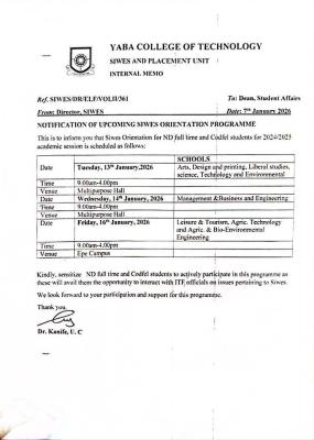 YABATECH announces SIWES Orientation Programme for ND and CODeL Students
