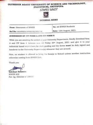 OAUSTECH notice to SIWES Students on Submission of ITF form