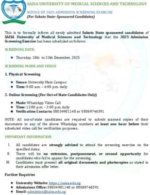 Saisa University of Medical Sciences notice on screening for Sokoto State-Sponsored Candidates