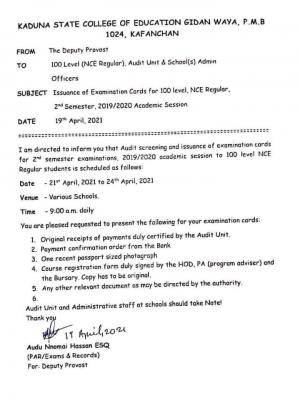 Kaduna State COE notice to 100 level NCE Regular students