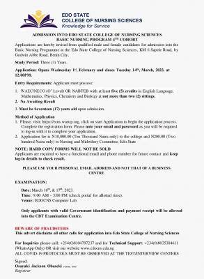 Edo State College of Nursing Sciences 4th cohort admission, 2022/2023