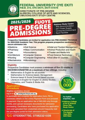 FUOYE Pre-Degree Admission form, 2025/2026