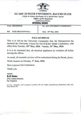 Sa'adu Zungur University announces Sallah Break
