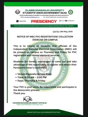 OOU SUG notice on PVC Registration on Campus