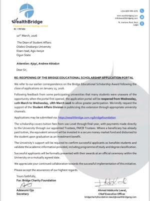Bridge Charity Foundation reopens scholarship application portal, 2026
