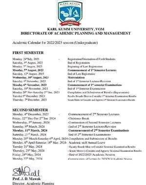 Karl Kumm University approved academic calendar, 2022/2023 session