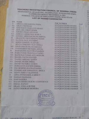 FCE, Okene TRCN Professional Qualifying examination results