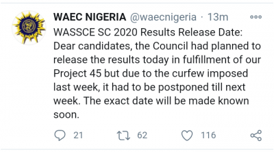 WAEC gives update on the release of May/June 2020 result