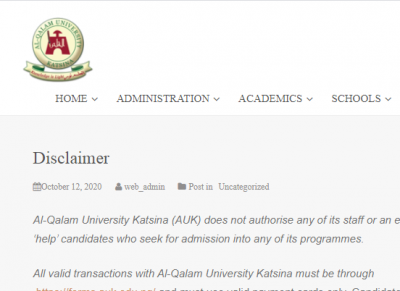 Al-Qalam University Katsina admission disclaimer notice